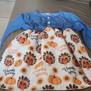 Charming Thanksgiving Kids Blue Demin Dress in Demin and White